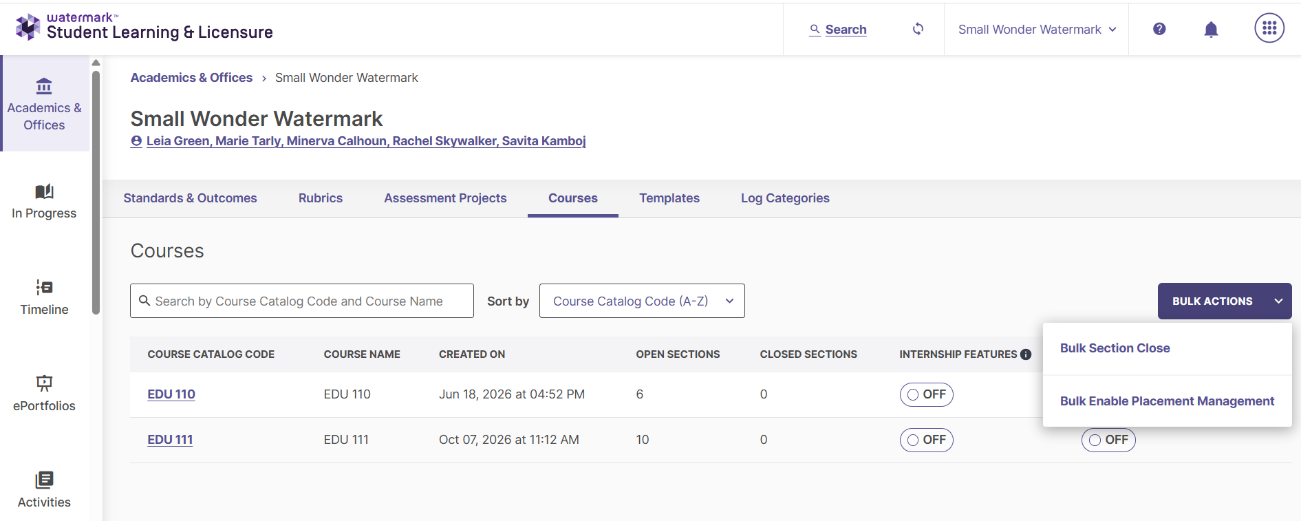 Bulk Enable Placement Management panel showing open sections available for configuration