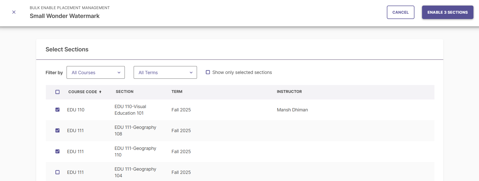 Selection screen for selecting multiple course sections to bulk enable Placement Management