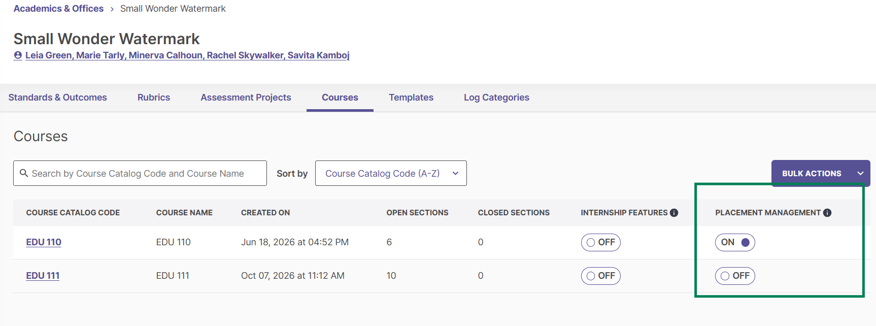 Course level configuration settings highlighting the Placement Management toggle button