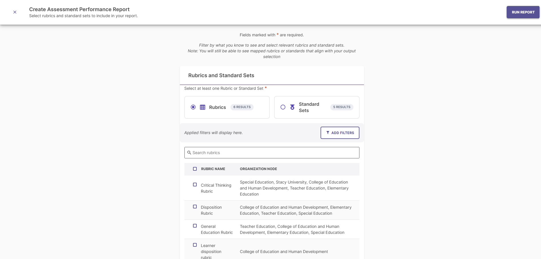 Create Assessment Performance Report interface displaying selection options for Rubrics and Standard Sets