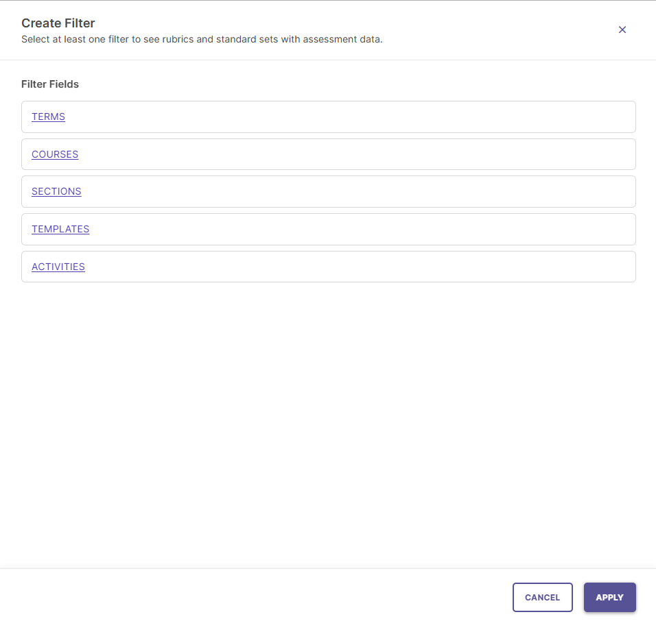 Create Filter dialog showing category selections