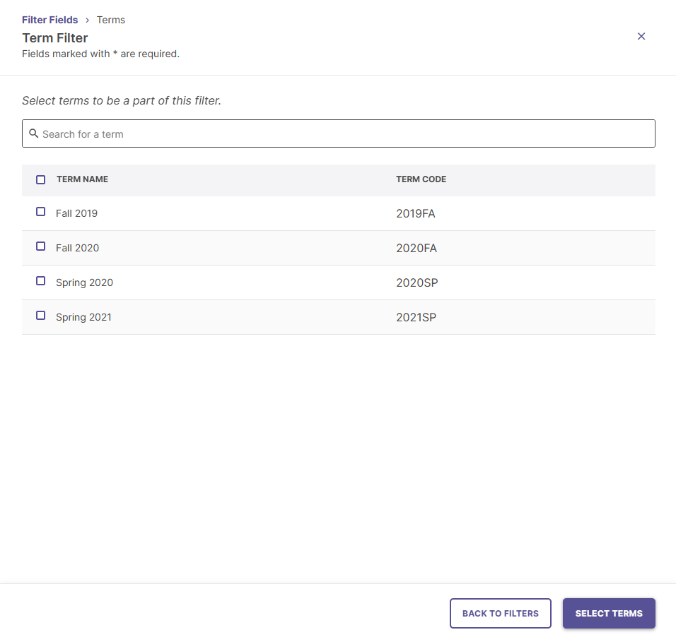 Term Filter selection modal listing available academic terms