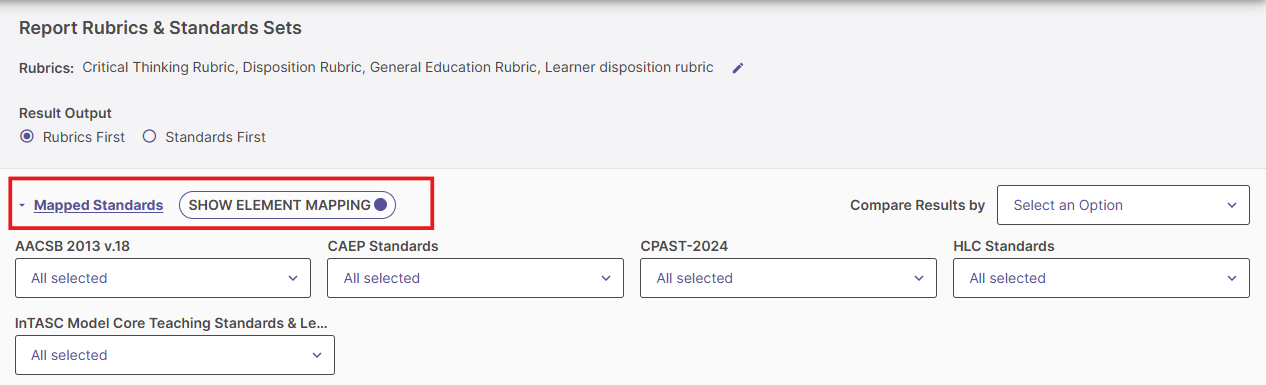 Mapped Standards dropdown menu options