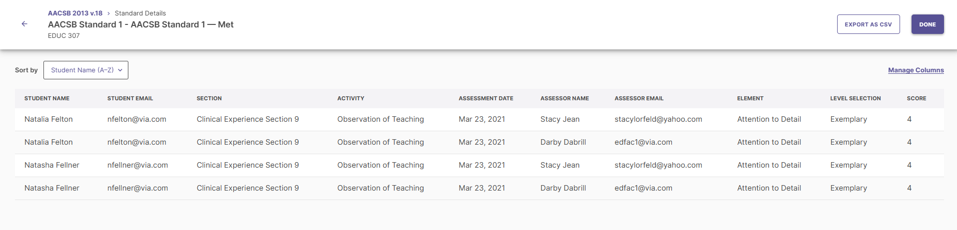 View Students detailed slide-out panel listing student records and scores