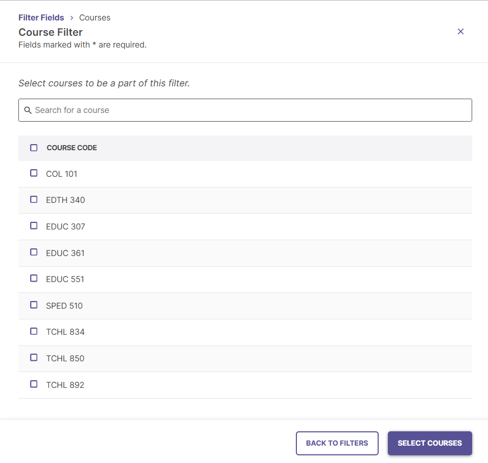 Course Filter selection window showing available course criteria