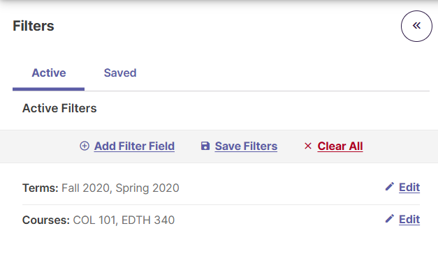 Active Filters list view with option to save current filter set
