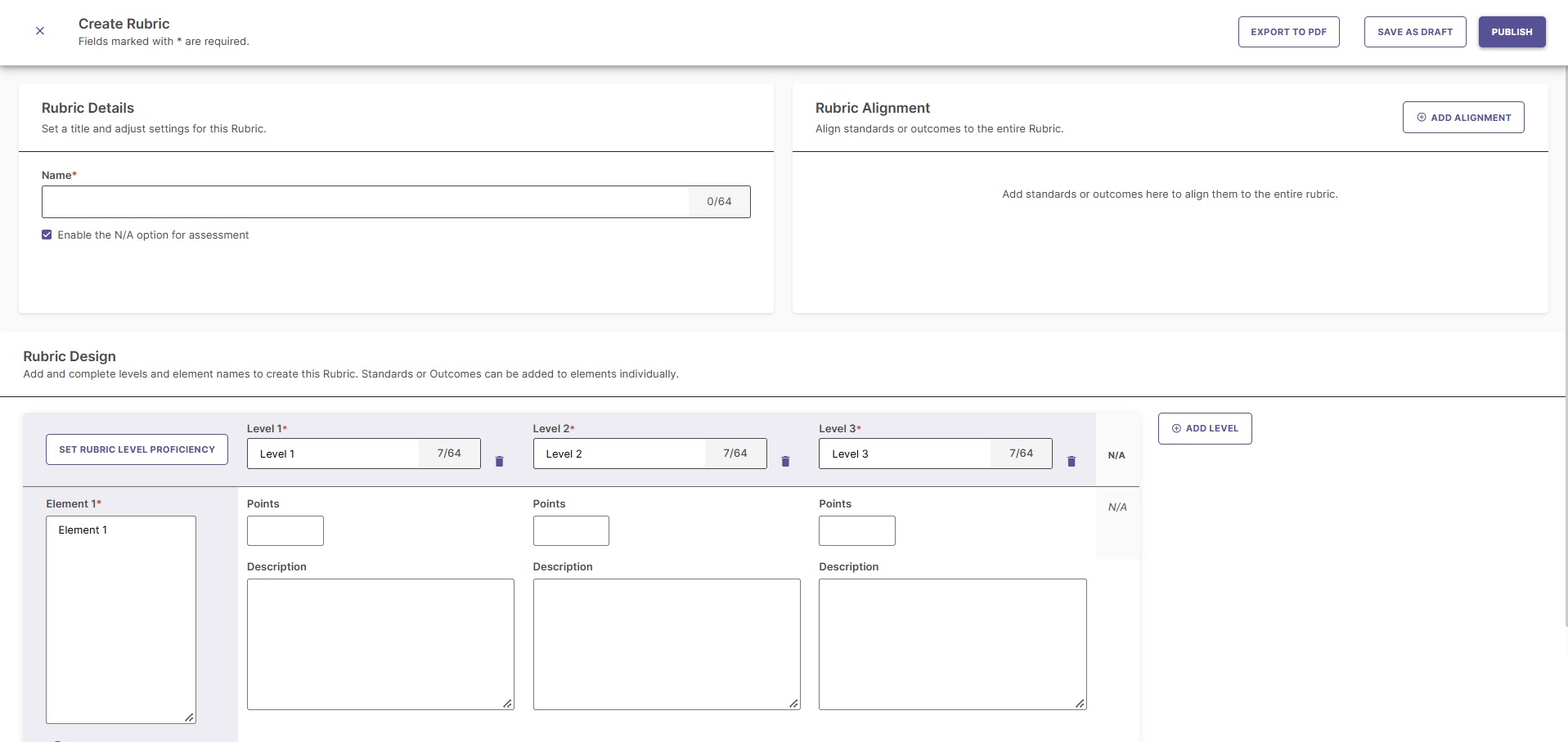 Rubric creation form showing controls to add levels and reorder elements using up and down arrows