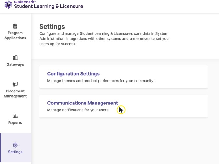 The 'Settings' section showing 'Communication Management' option highlighted.