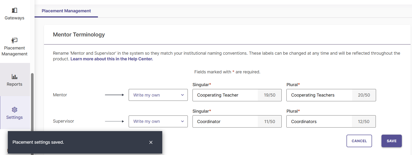 The Mentor Terminology card with custom labels entered for both roles and a confirmation message at the bottom of the screen reading Placement settings saved.