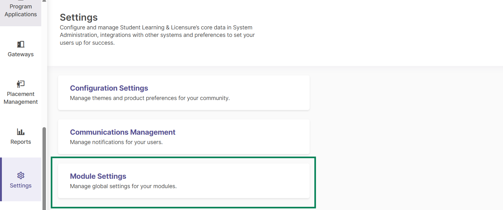 The Settings page with three cards: Configuration Settings, Communications Management, and Module Settings. The Module Settings card is highlighted.