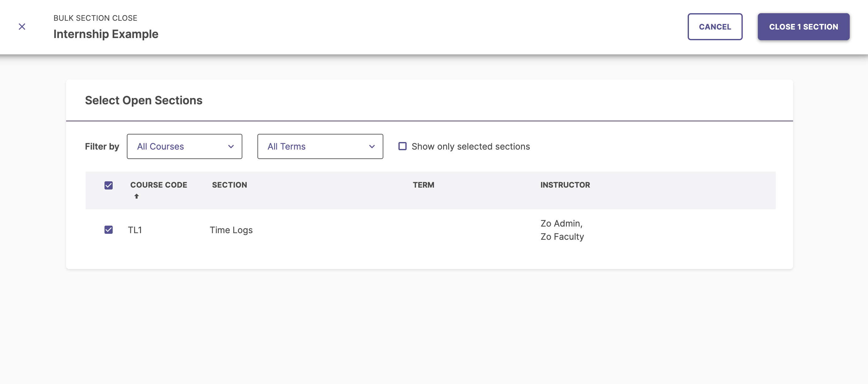 Confirmation screen listing course sections selected to close.