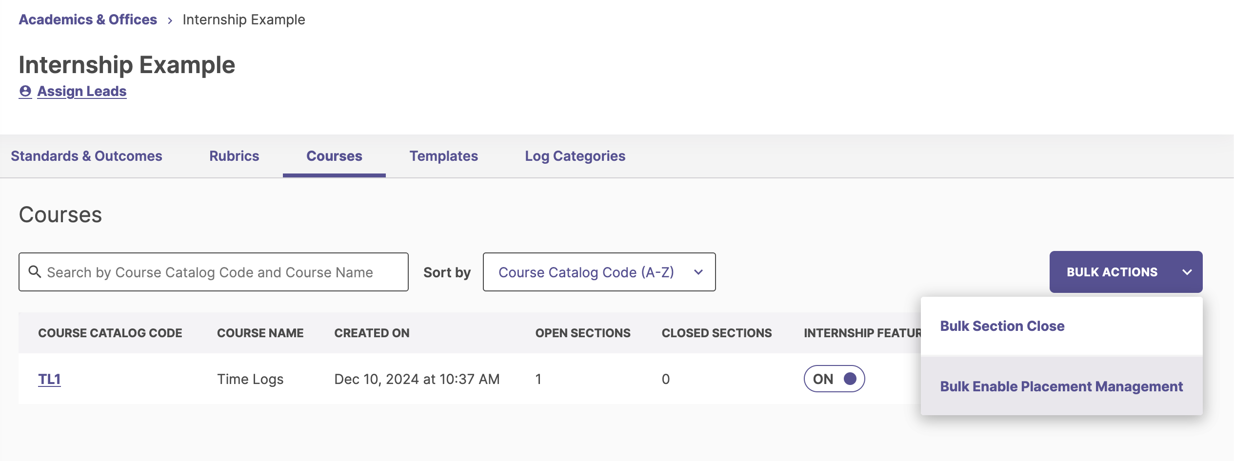 Bulk Actions dropdown menu with the Bulk Enable Placement Management option selected.