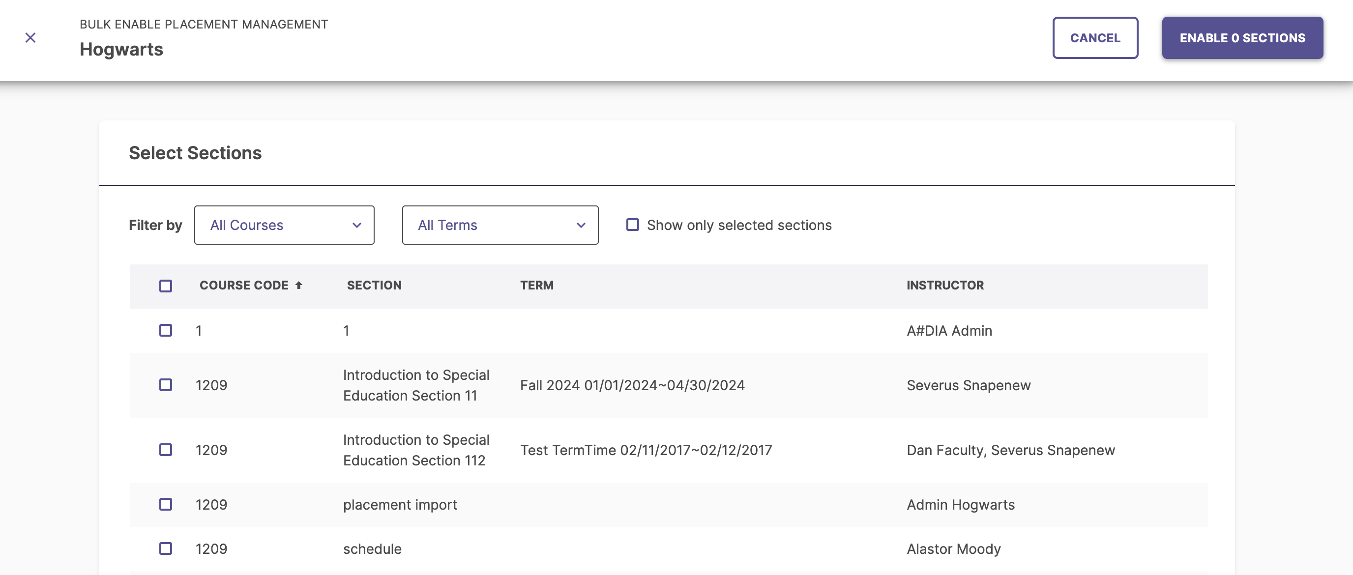 Confirmation screen listing course sections selected to enable Placement Management.