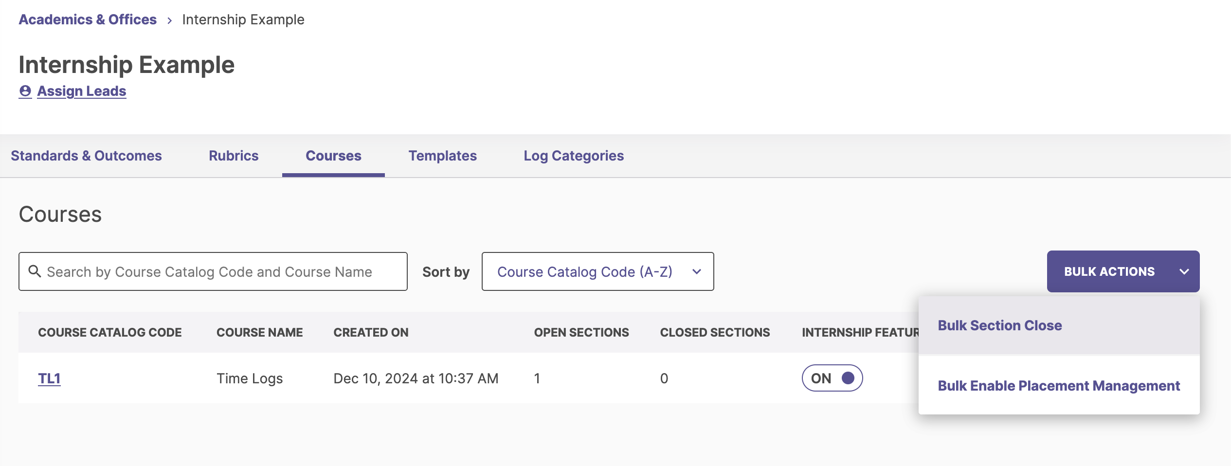 Bulk Actions dropdown menu with the Bulk Section Close option selected.