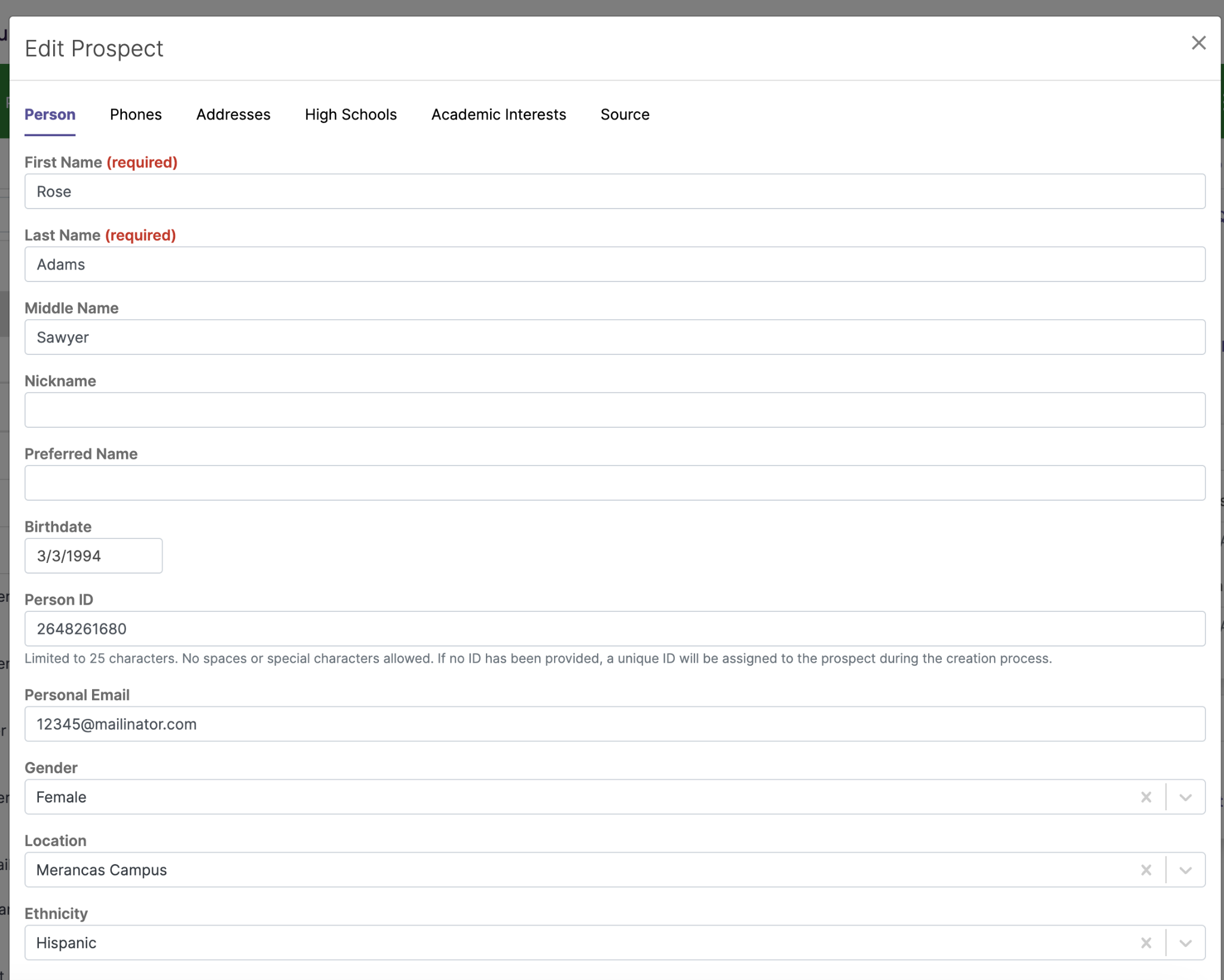The page showing three highlighted elements: 1- the left panel showing a people filter and a search bar, 2- the right side showing an edit option, and 3- the Edit Prospect dialog box showing multiple tabs with the Person tab selected, displaying name fields, birthdate, person ID, email fields, demographic dropdowns, and Save and Cancel buttons.