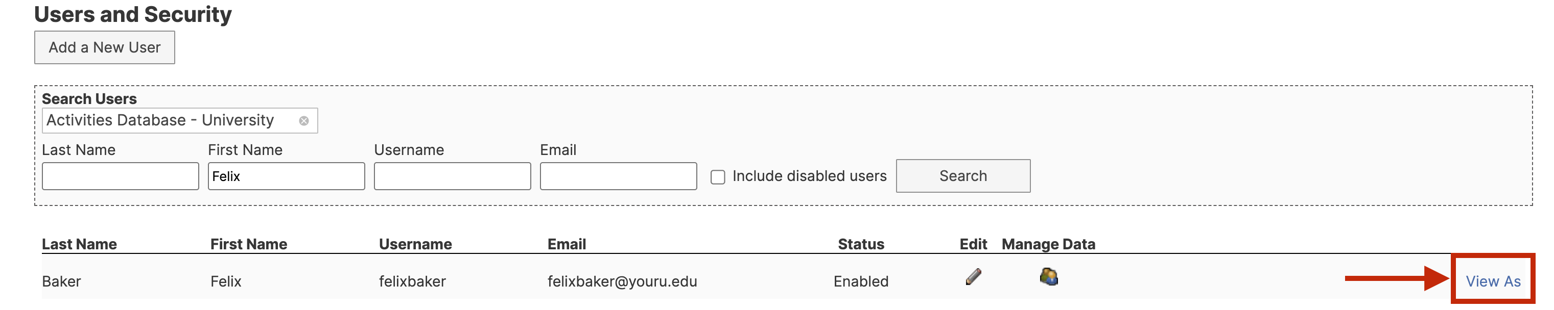 Admin view showing the search results for a user in Faculty Success, with the "View As" button highlighted next to the user's account.