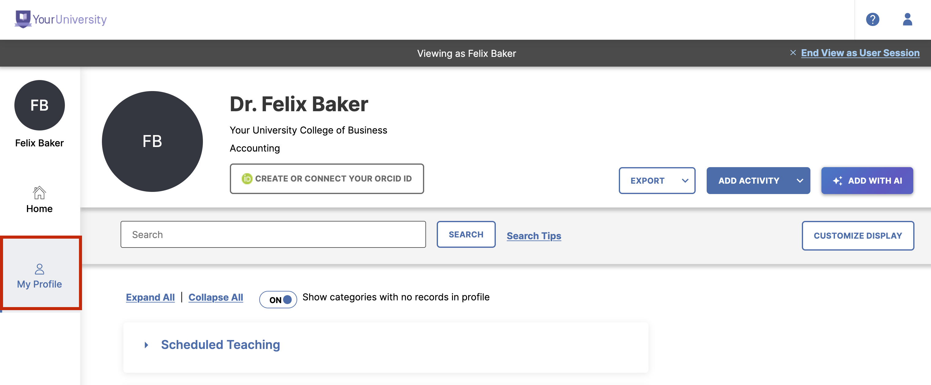 The My Profile page in Faculty Success displaying academic and professional activities, along with the "Add Activity" and "Add with AI" buttons.