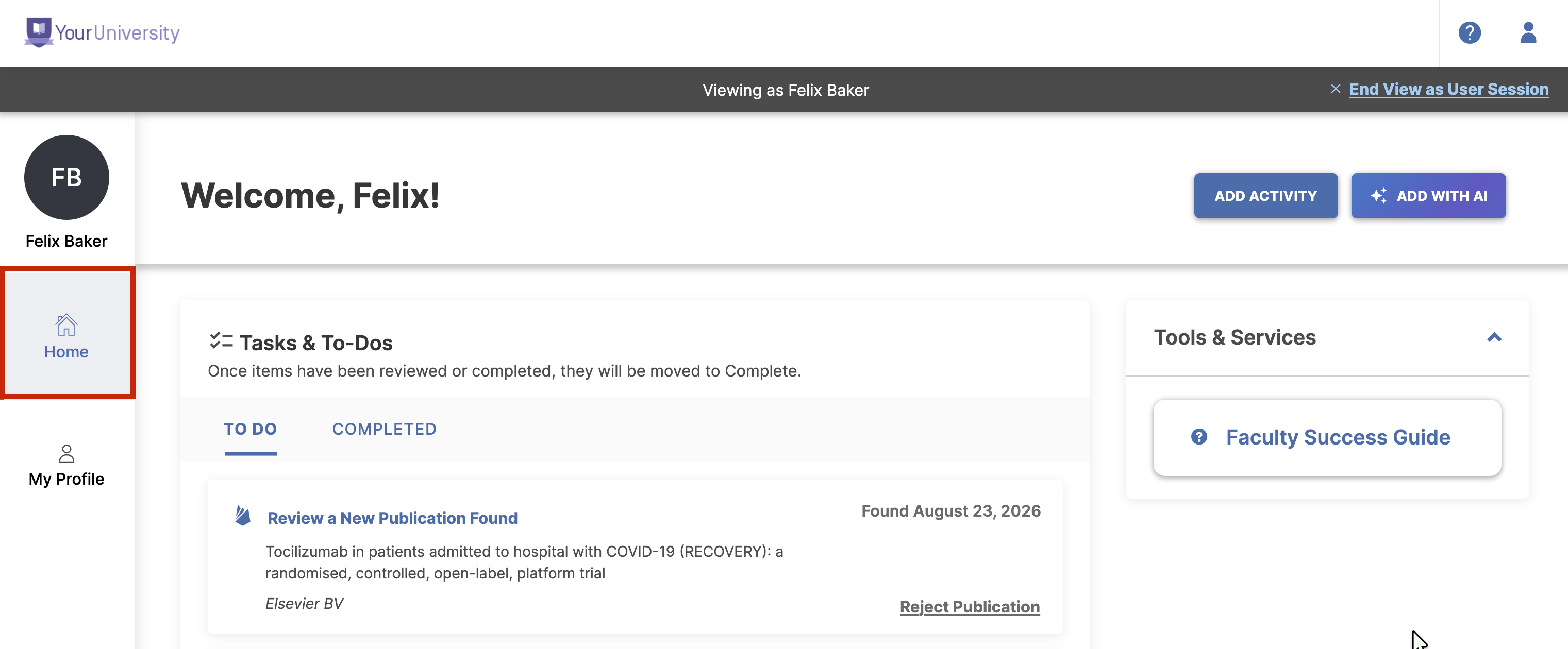 The Home page Tasks & To-Dos section showing the "To Do" and "Completed" tabs with pending review items.