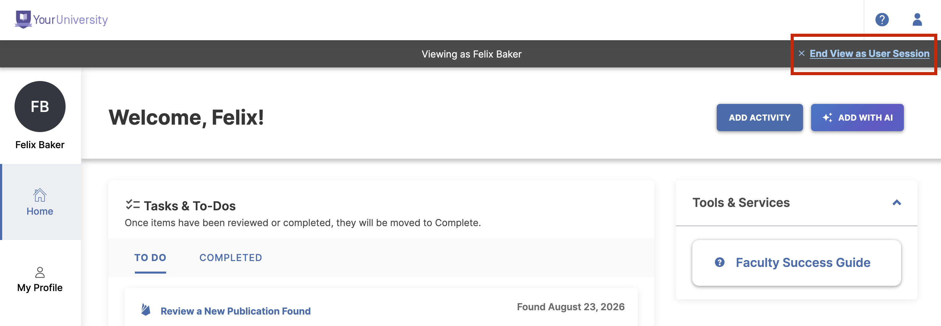 Close-up of the top banner highlighting the "End View as User Session" button used to return to the administrator account.