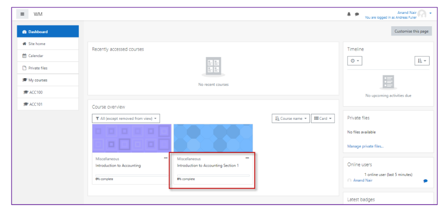 The dashboard showing the Course overview section with a course card highlighted for Introduction to Accounting Section 1.