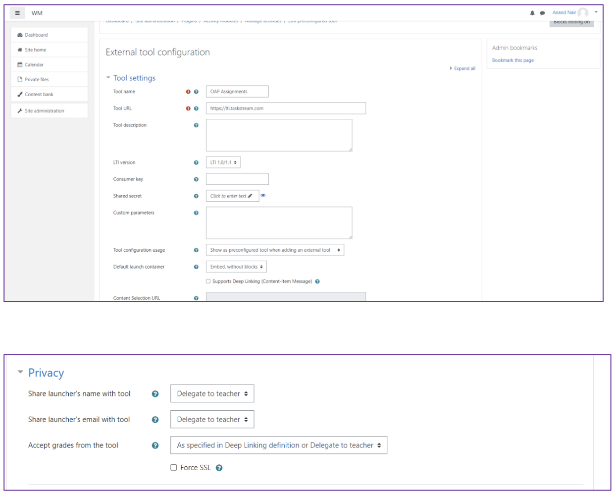 The External tool configuration section showing Tool settings with fields for tool name, tool URL, tool description, LTI version, consumer key, shared secret, custom parameters, tool configuration usage, default launch container, and content selector URL. The Privacy section showing fields for sharing launcher’s name with tool, sharing launcher’s email with tool, accepting grades from the tool, and the option Force SSL.