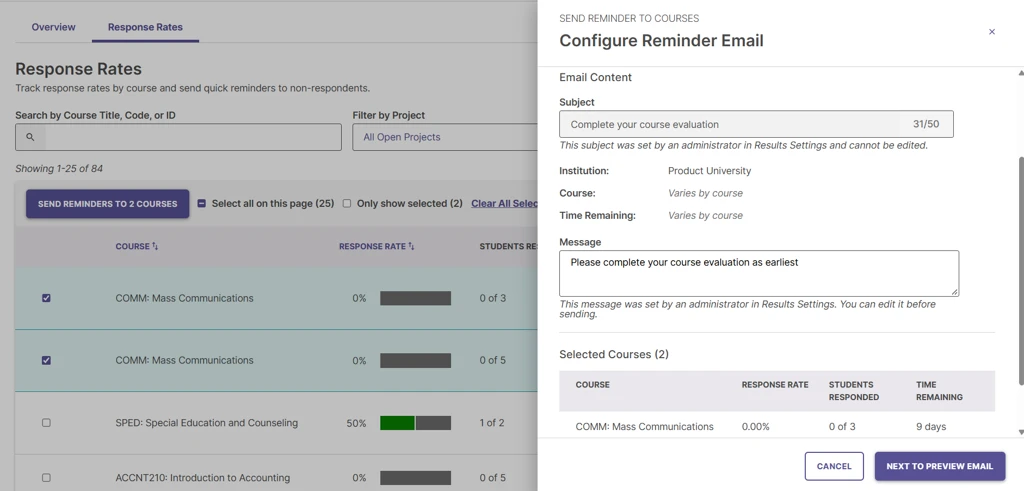 Screenshot of the email preview modal showing sample recipient details and email body text.