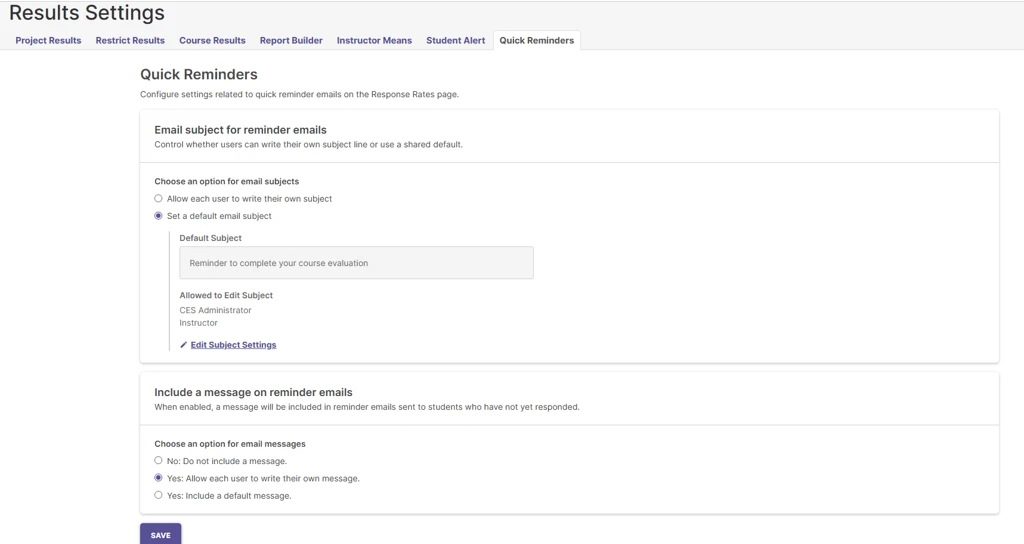 Screenshot of the CES Administrator defaults configuration tab in Results Settings.