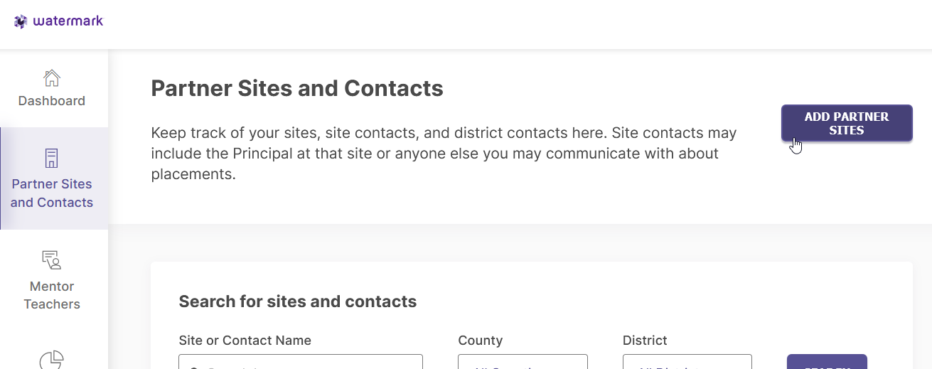 A Partner Sites and Contacts page showing a description about managing sites and district contacts, a navigation menu, a Search for sites and contacts section with search fields, and an Add Partner Sites button.