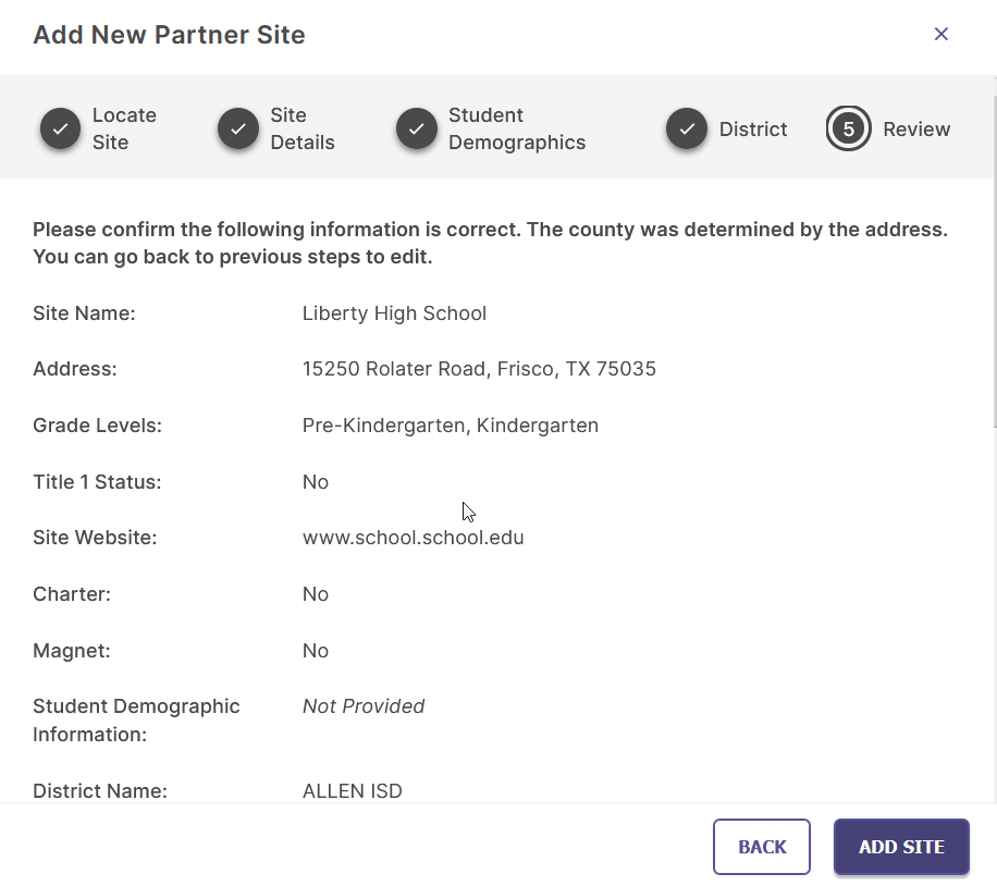 An Add New Partner Site review page showing the site information for Liberty High School, including address, grade levels, Title 1 status, website, charter and magnet indicators, student demographic information, and district name. Step indicators show Locate Site, Site Details, Student Demographics, District, and Review. Back and Add Site buttons appear.
