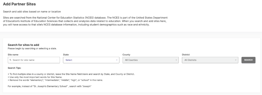 An Add Partner Sites page showing search fields for site name, state, county, and district, along with search tips explaining how to find multiple sites and how to improve search results.