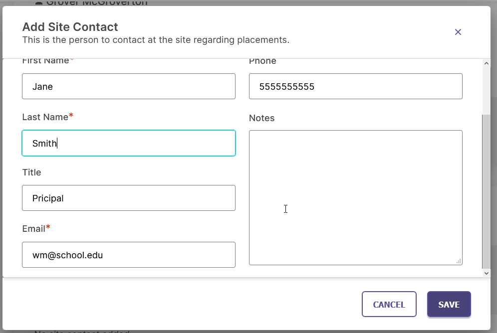 An Add Site Contact form showing fields for first name, last name, title, email, phone, and notes, with Cancel and Save buttons.