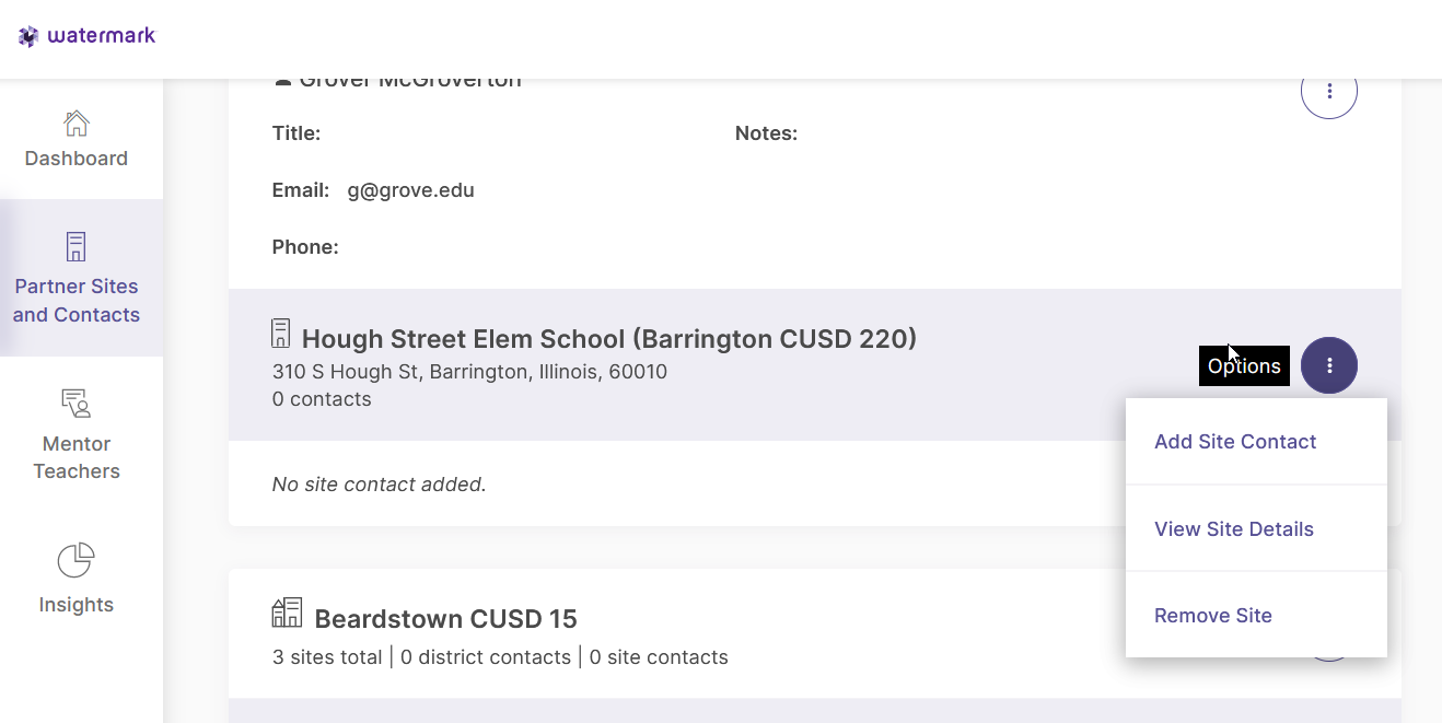 A Partner Sites and Contacts page showing a site entry for Hough Street Elementary School with its district, county, and address. An Options menu is open with actions to Add Site Contact, View Site Details, and Remove Site.”