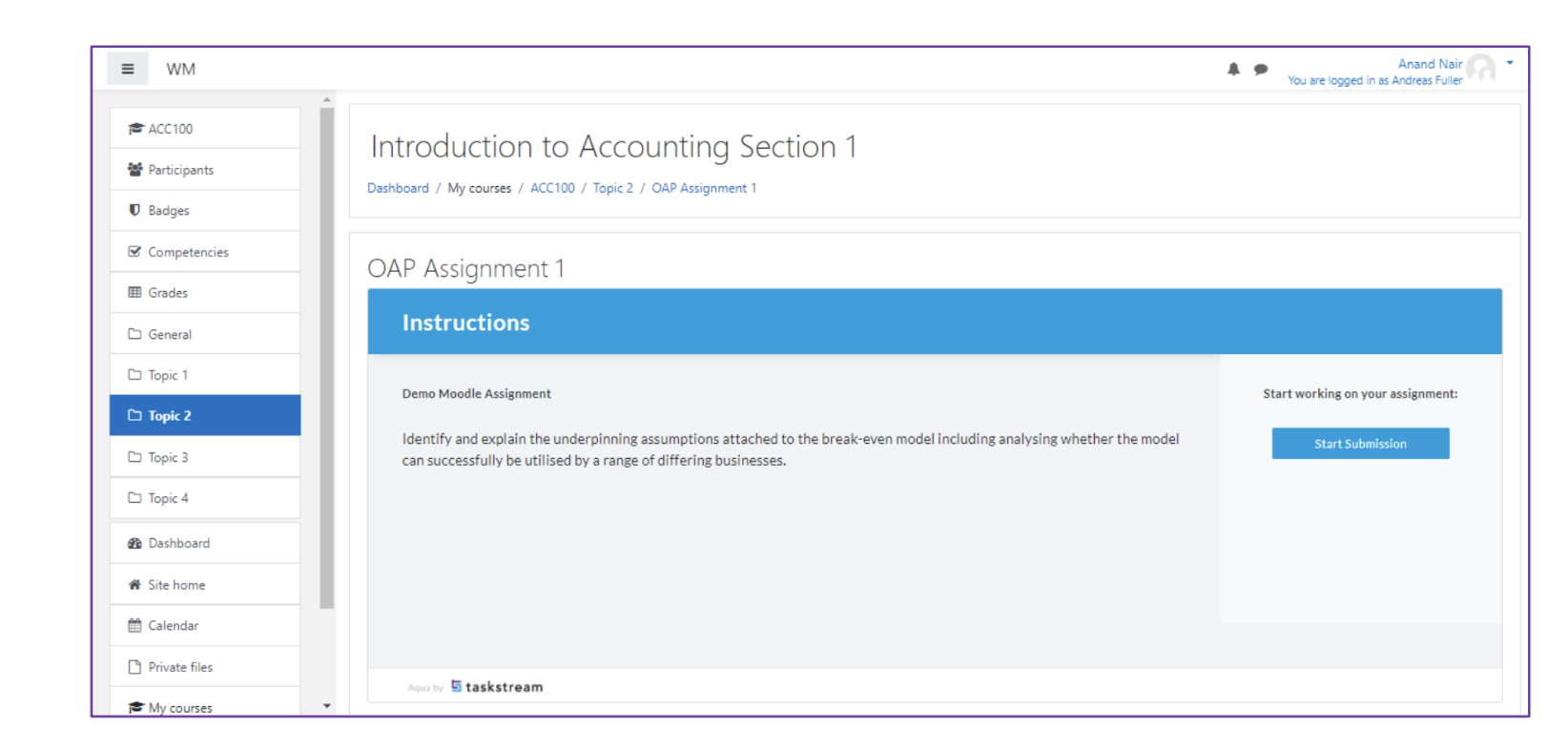 The assignment page showing OAP Assignment 1 with an Instructions panel displaying the demo assignment text and a Start Submission button on the right.