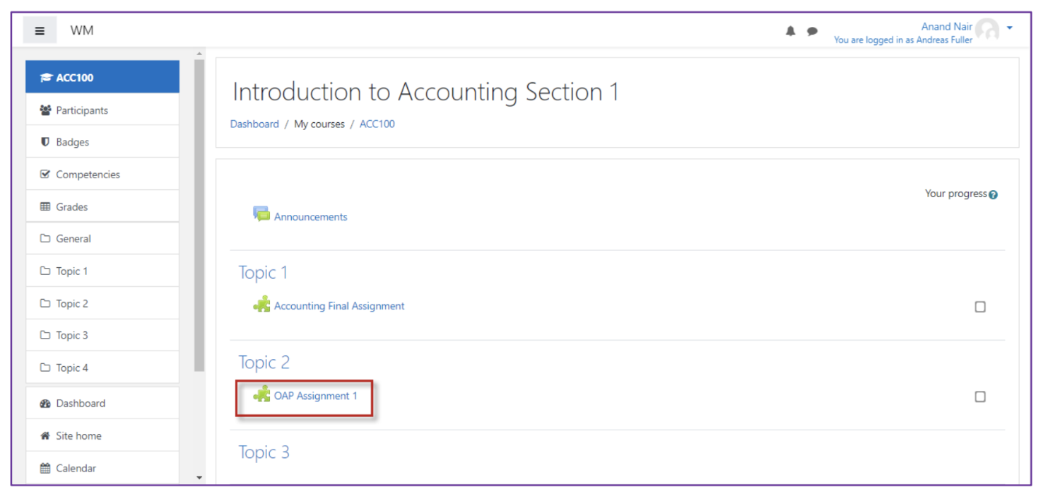 The course page showing Topic 2 with the activity OAP Assignment 1 highlighted.