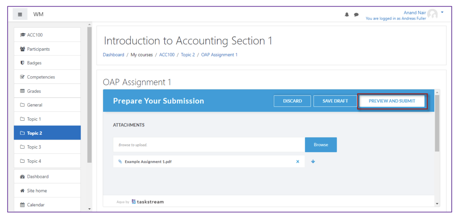 The submission page showing the Prepare Your Submission section with an uploaded file listed and the Preview and Submit button highlighted on the right.