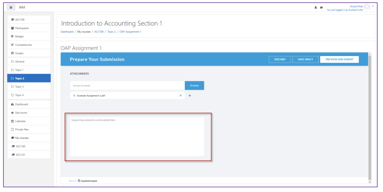 The submission page showing the Prepare Your Submission section with an uploaded file listed and a large text box below for supporting comments.