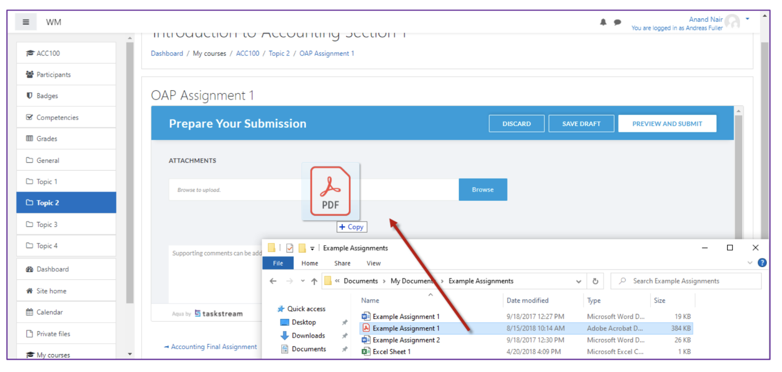 The assignment submission page showing the Prepare Your Submission section with an Attachments area, where a PDF file is being dragged from a file explorer window into the upload box.