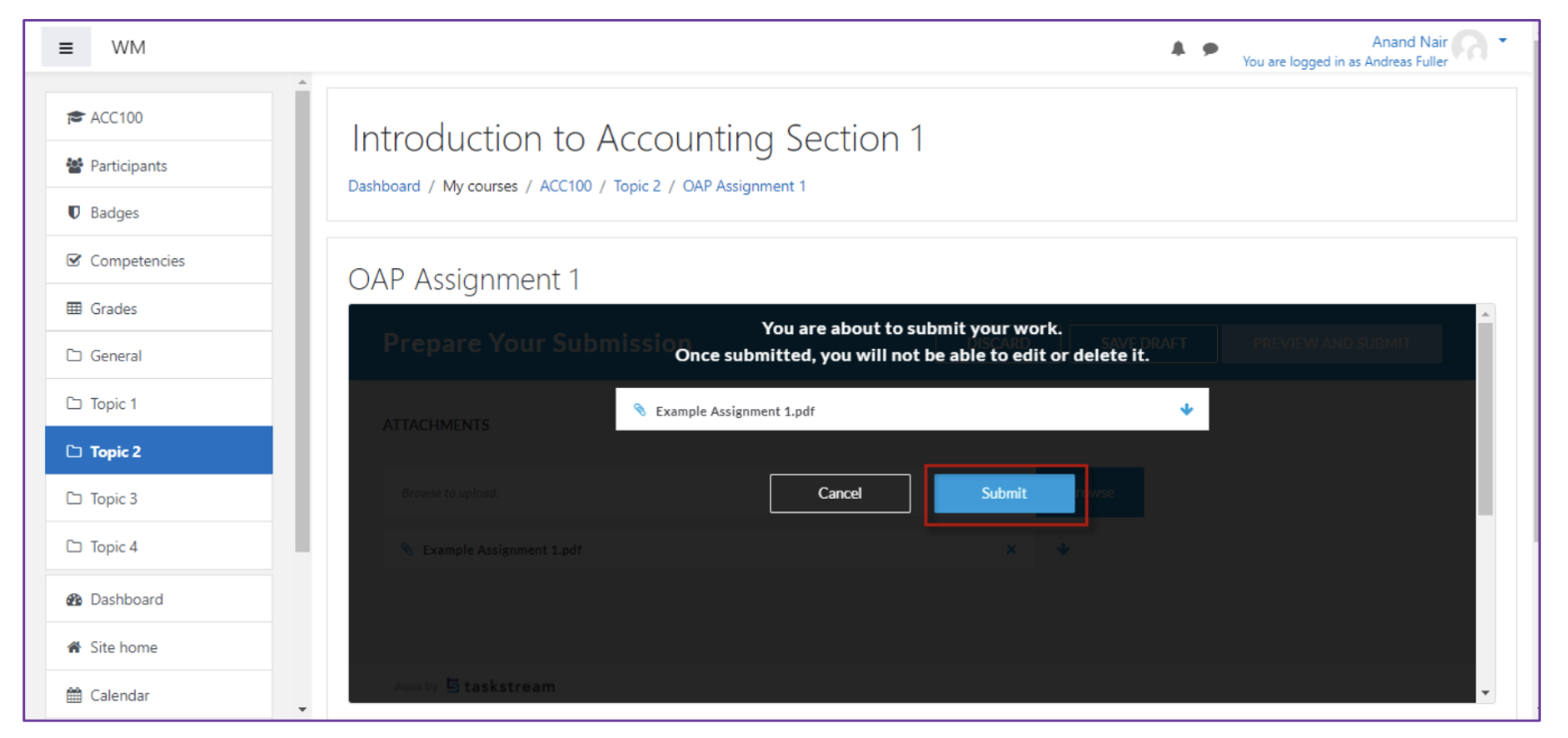 The submission confirmation pop‑up appearing over the assignment page showing the warning message about submitting work and a listed file, with the Submit button highlighted.
