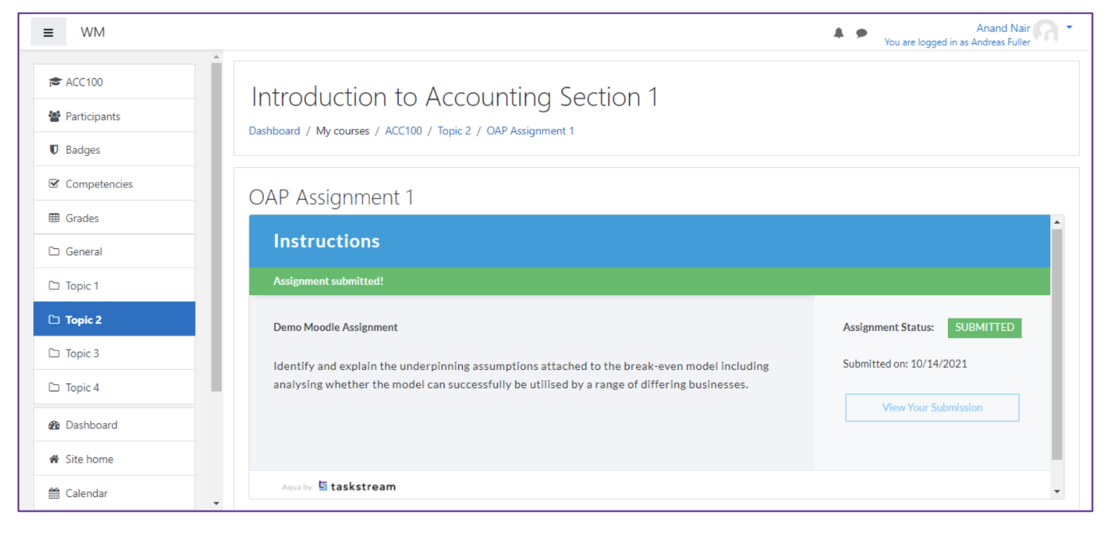 The assignment page showing OAP Assignment 1 with an Instructions panel and a banner stating Assignment submitted, with the Assignment Status marked submitted and a View Your Submission button on the right.