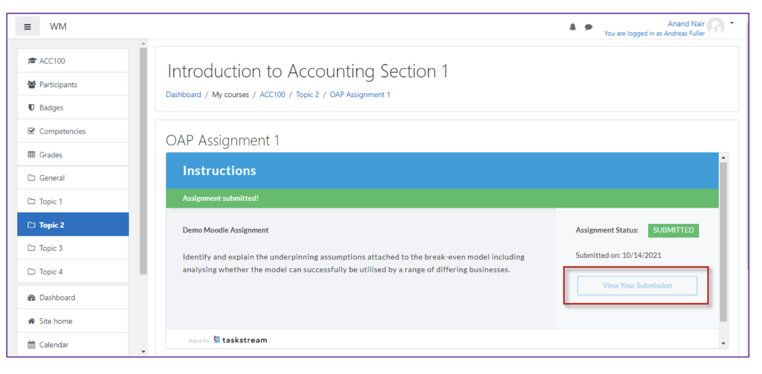 The assignment page showing OAP Assignment 1 with an Instructions panel and an Assignment submitted banner, with the View Your Submission button highlighted on the right.