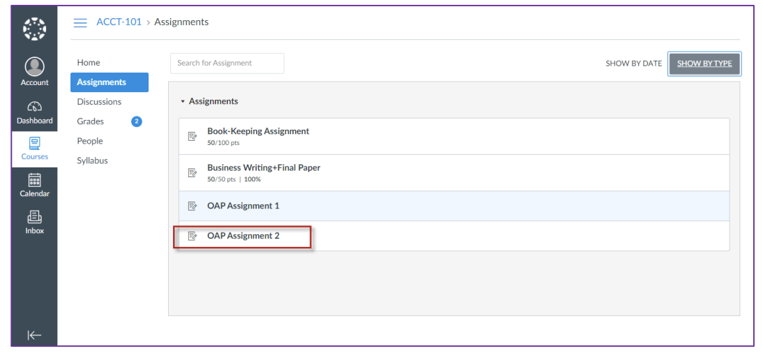 The assignments page showing a list of course assignments with OAP Assignment 2 highlighted in the list under the Assignments section.