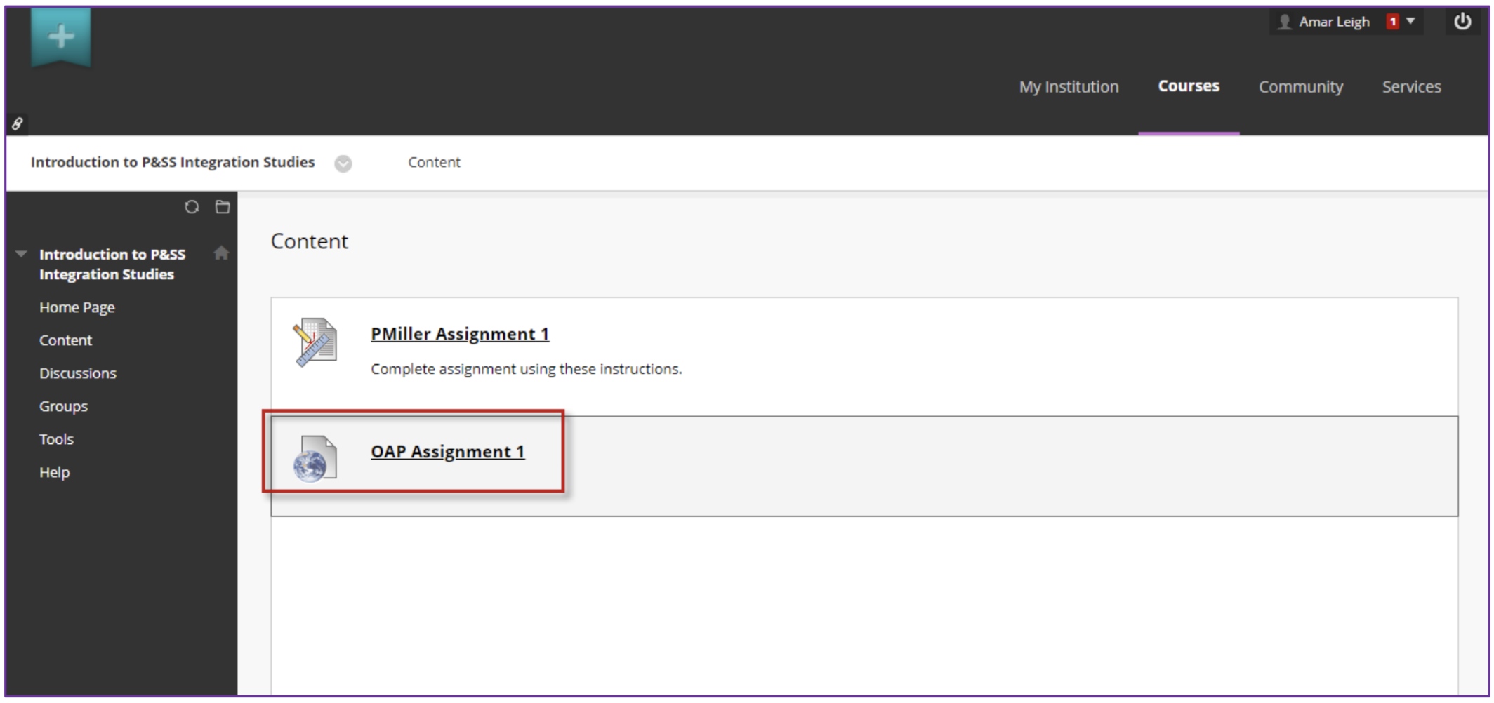 The Content page showing two assignment items. OAP Assignment 1 link highlighted below PMiller Assignment 1.