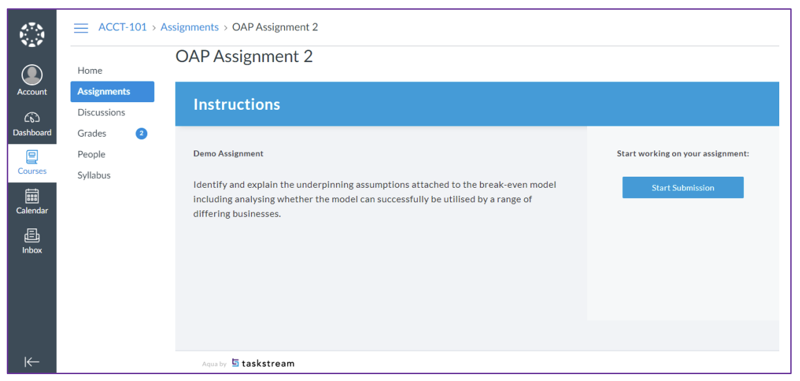 The assignment page showing OAP Assignment 2 with an Instructions section displaying assignment details and a Start Submission button on the right.