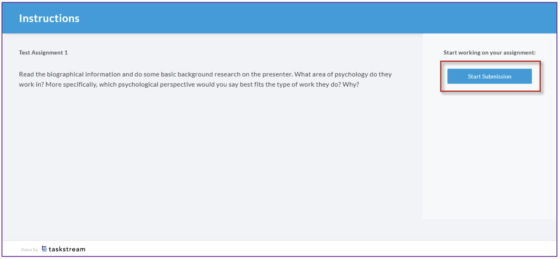 An Instructions page showing assignment directions on the left and a Start Submission button highlighted on the right.
