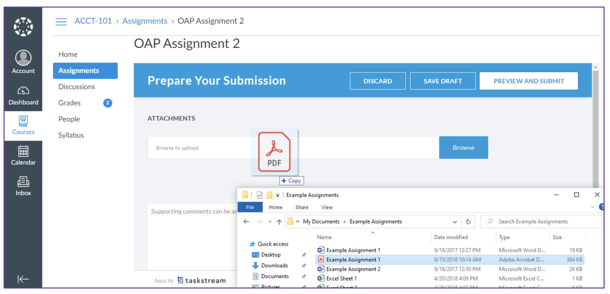 The submission page showing OAP Assignment 2 with a Prepare Your Submission section displaying an attachment upload area. A PDF file being dragged from a file explorer window into the upload box, and buttons for Discard, Save Draft, and Preview and Submit at the top.