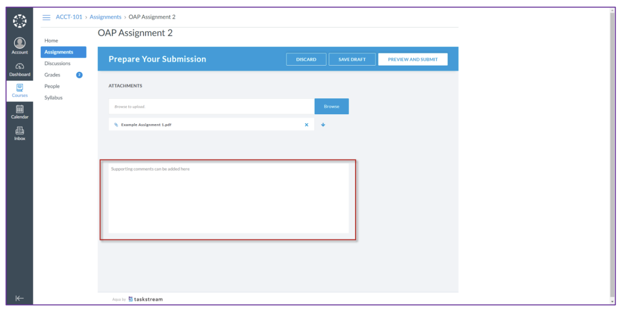 The submission page showing OAP Assignment 2 with a Prepare Your Submission section displaying an uploaded PDF file and a large text box for entering supporting comments below, along with buttons for Discard, Save Draft, and Preview and Submit at the top.