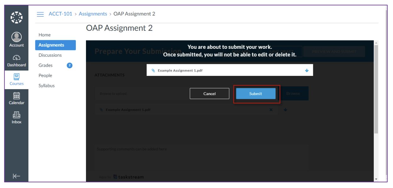 The submission page showing a confirmation message stating that the work is about to be submitted and cannot be edited or deleted, with the uploaded file displayed and Cancel and Submit buttons, with Submit highlighted.