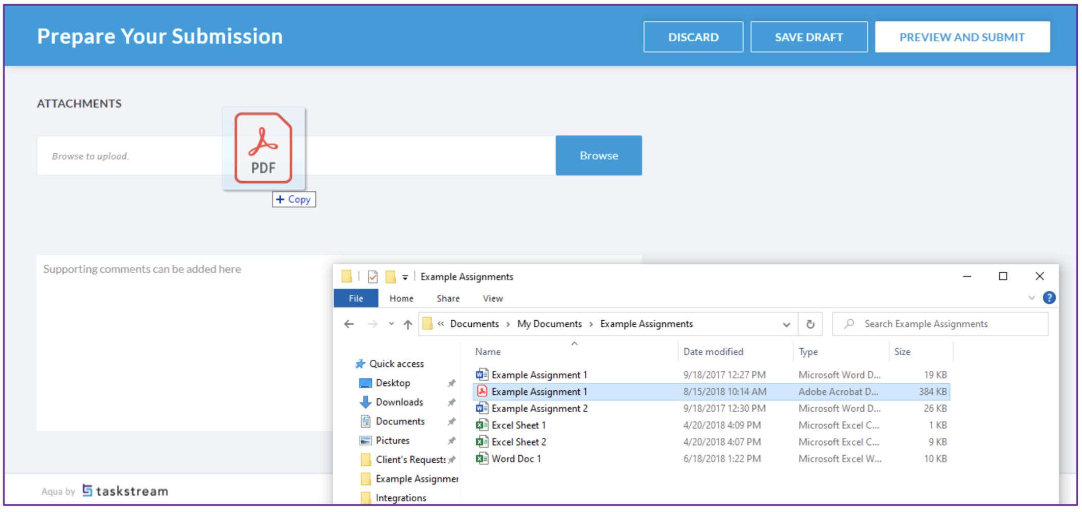 The Prepare Your Submission page showing Attachments section with a PDF file added and a Browse button. File explorer window showing assignment files.