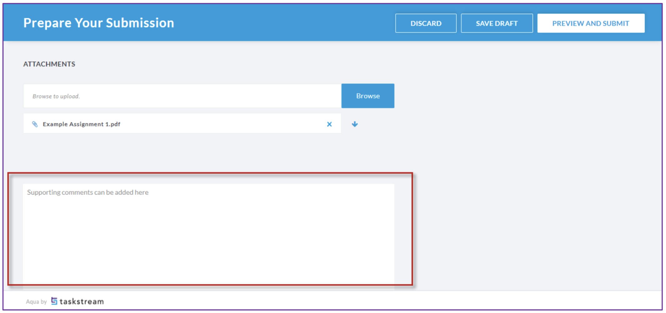 The Prepare Your Submission page showing one attached file and a large comments box labeled 'Supporting comments can be added here.' Buttons Discard, Save Draft, and Preview and Submit appear at the top.
