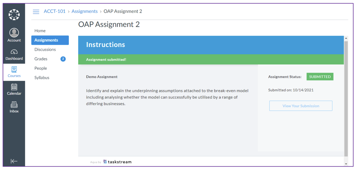 The assignment page showing OAP Assignment 2 with an Instructions section and a confirmation banner stating Assignment submitted. The right panel shows assignment status marked as submitted, the submission date, and a View Your Submission button.